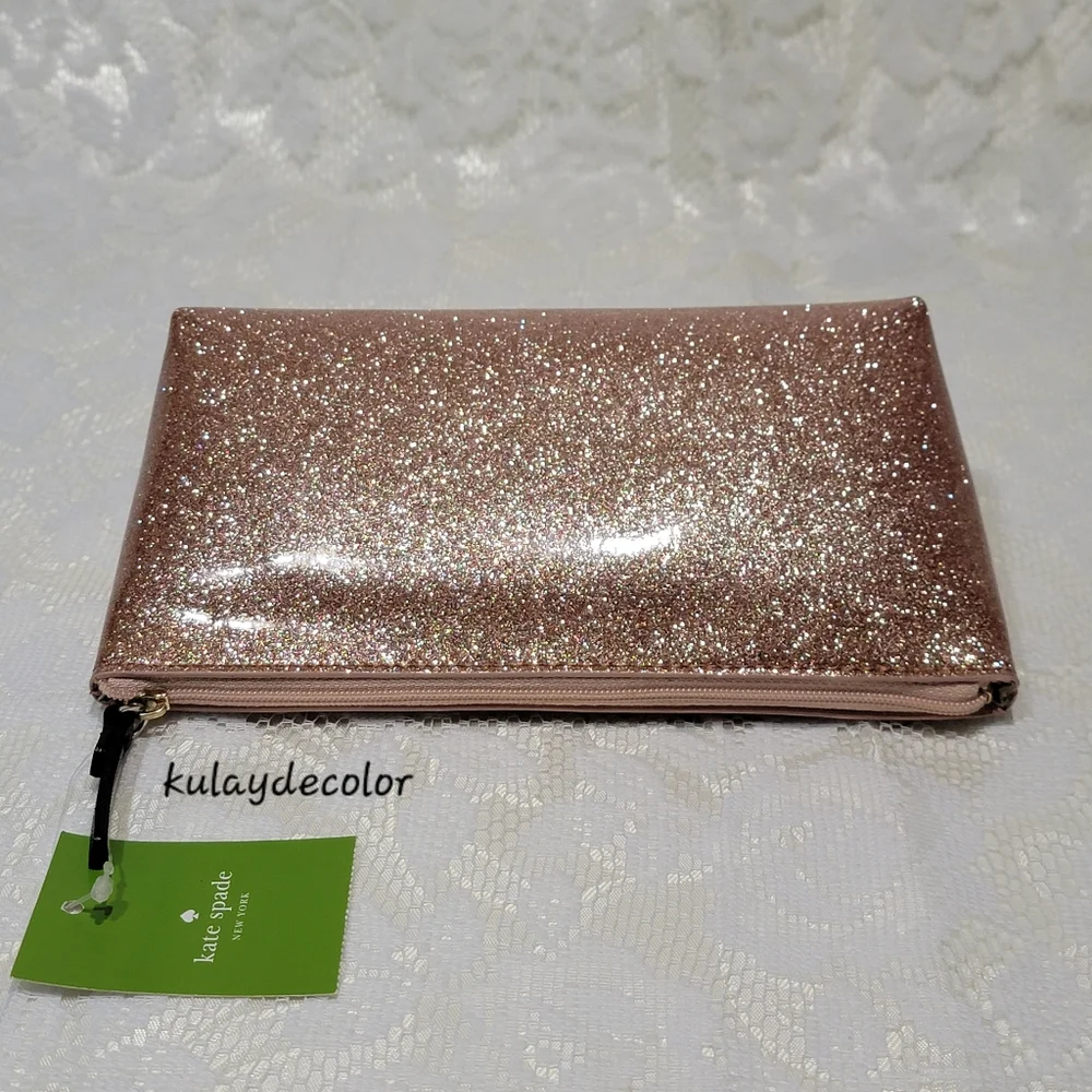 Kate Spade Clutch Makeup Bag Little Shilo Rose Gold Glitter Cosmetic Pouch NWT
